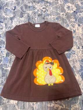 Girls Long Sleeve Brown Thanksgiving Turkey Applique Dress Size S